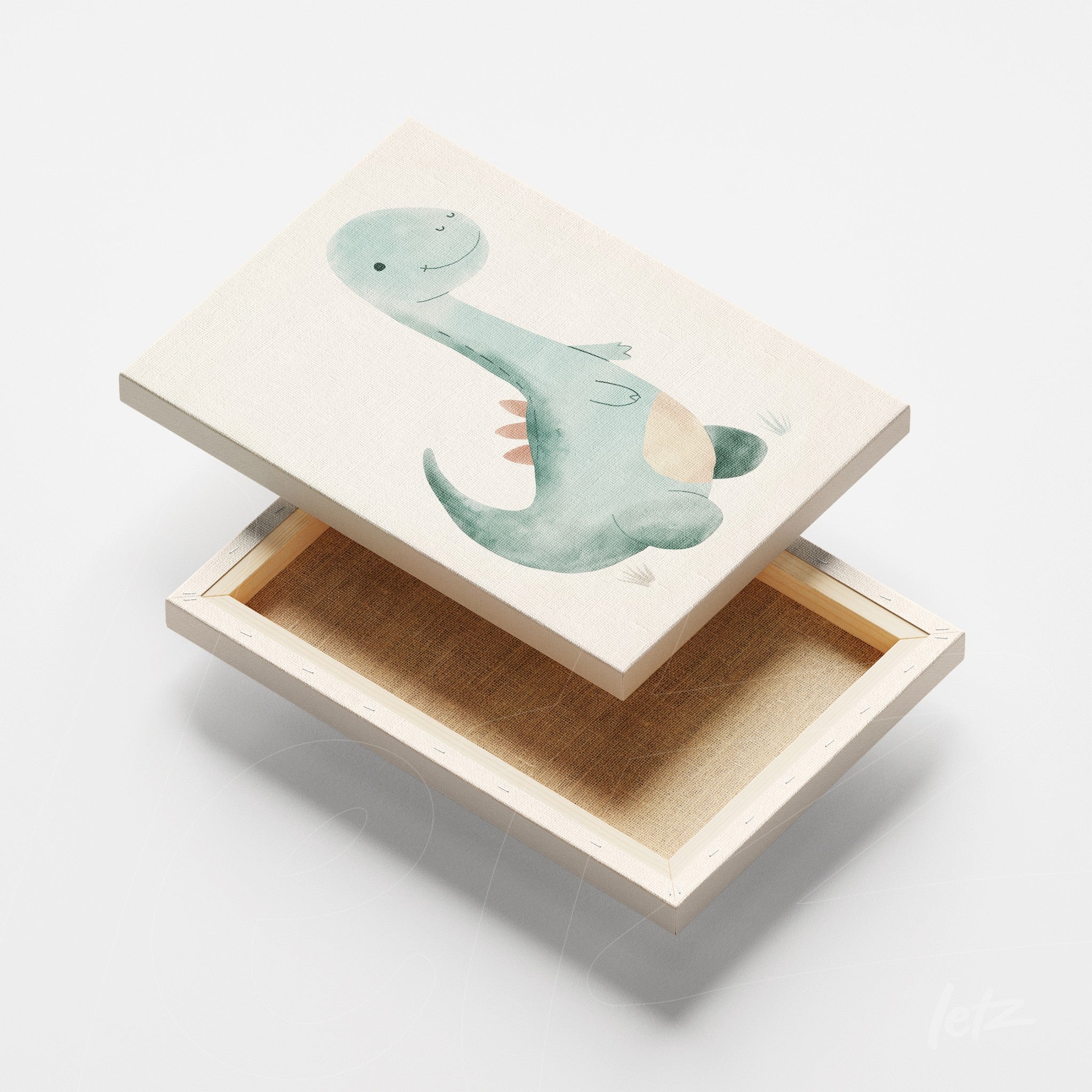 canvas print featuring a smiling dinosaur illustration on a light background