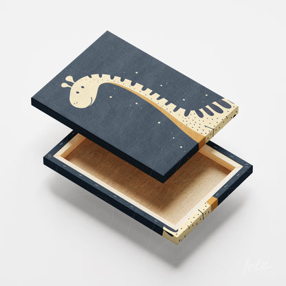 decorative box featuring stylized giraffe design on dark blue background