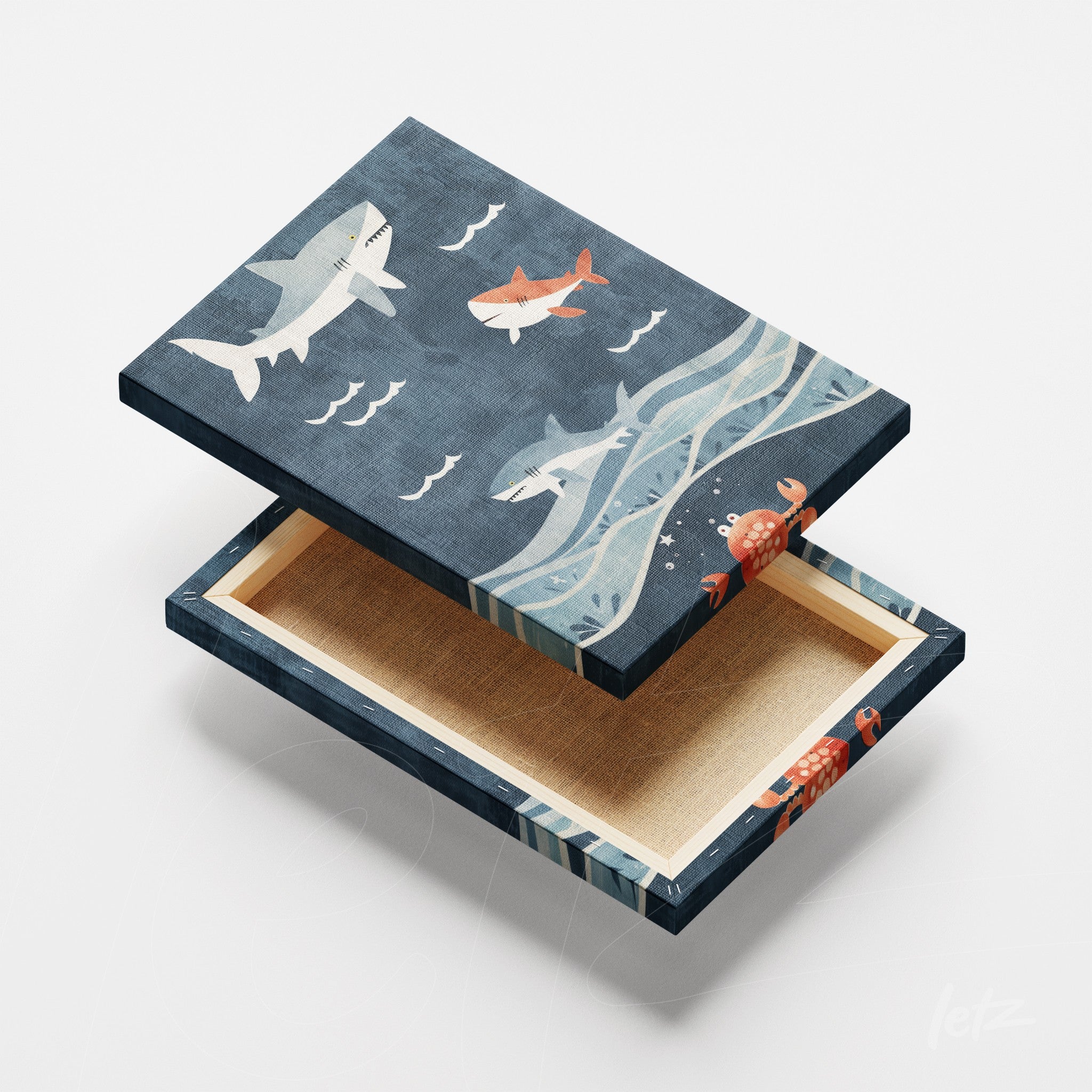 canvas artwork featuring sharks and fish illustration on navy blue background