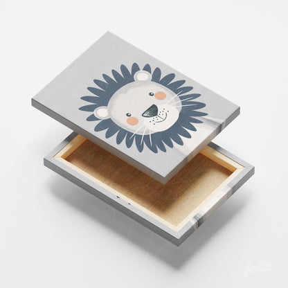 canvas print featuring a smiling lion illustration in shades of blue and gray