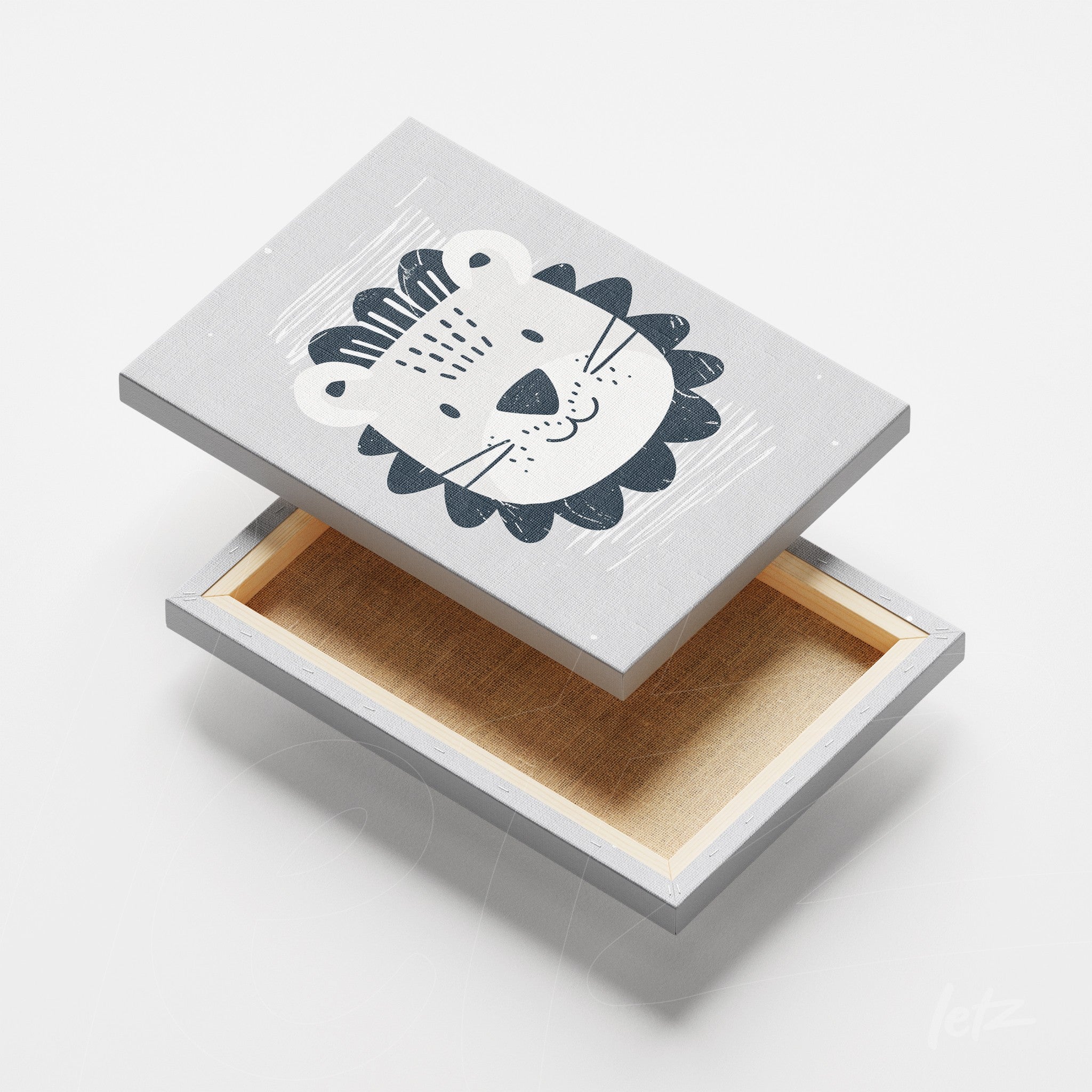 canvas print featuring a children's lion illustration with a light gray background and white frame