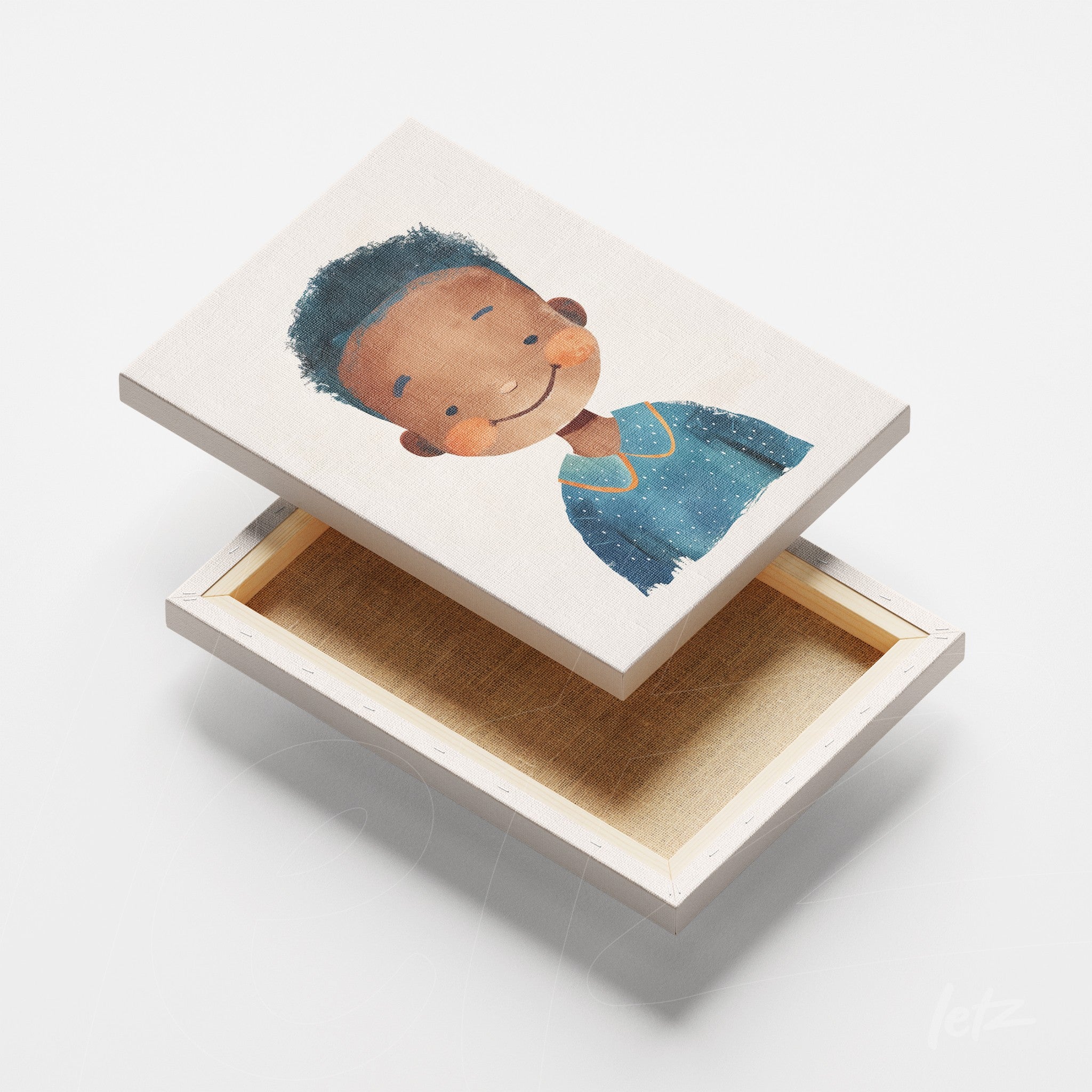 canvas art featuring a smiling young boy with curly hair wearing a blue pajama