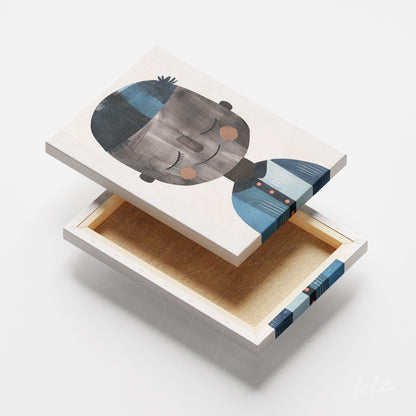 canvas artwork featuring a child's face illustration in shades of blue and gray with a white frame