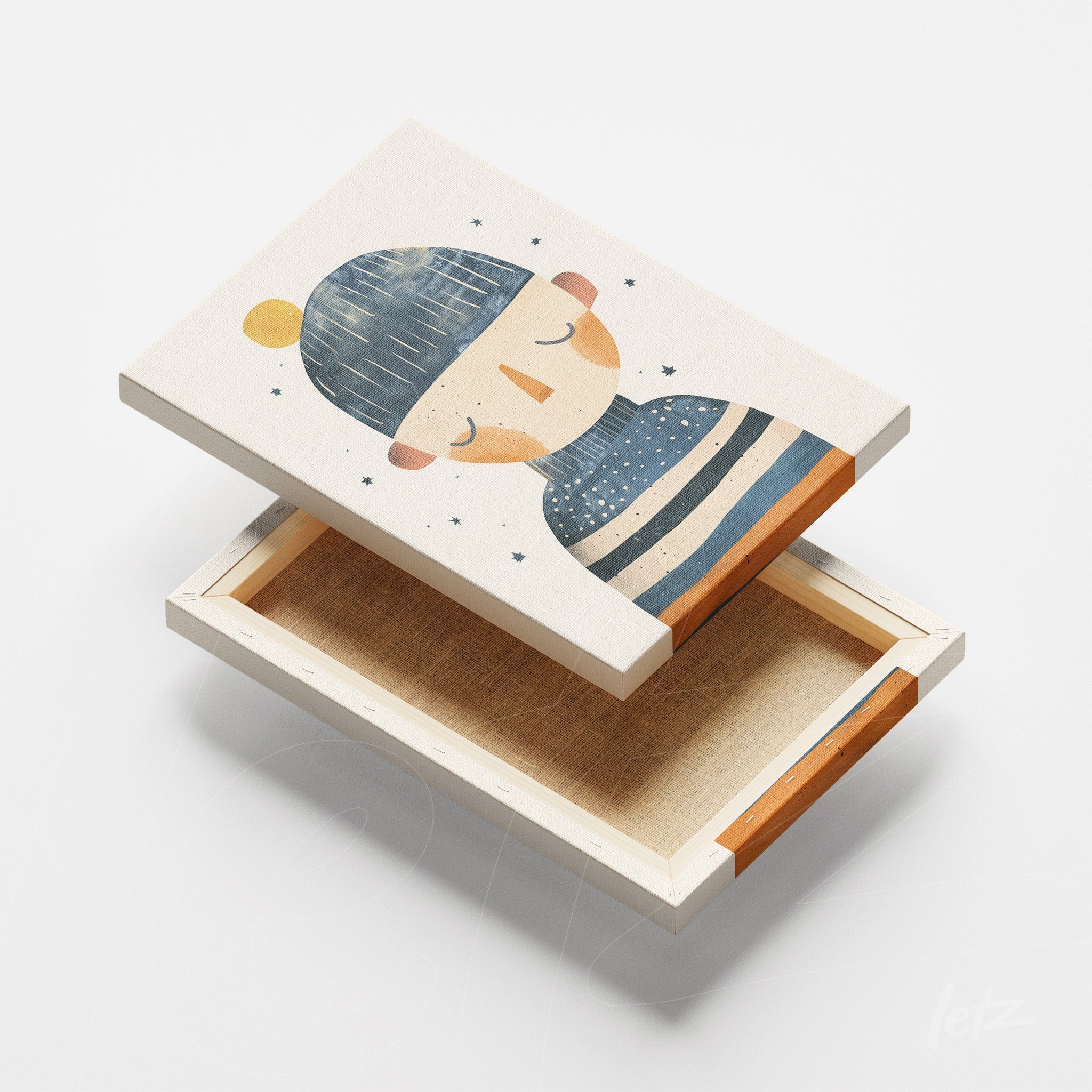 canvas print featuring an illustration of a character with a blue hat and stripes, light-colored frame