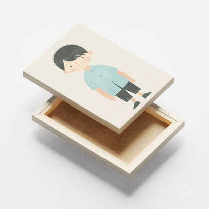 canvas print featuring a smiling boy illustration wearing a blue shirt and black pants on a neutral background