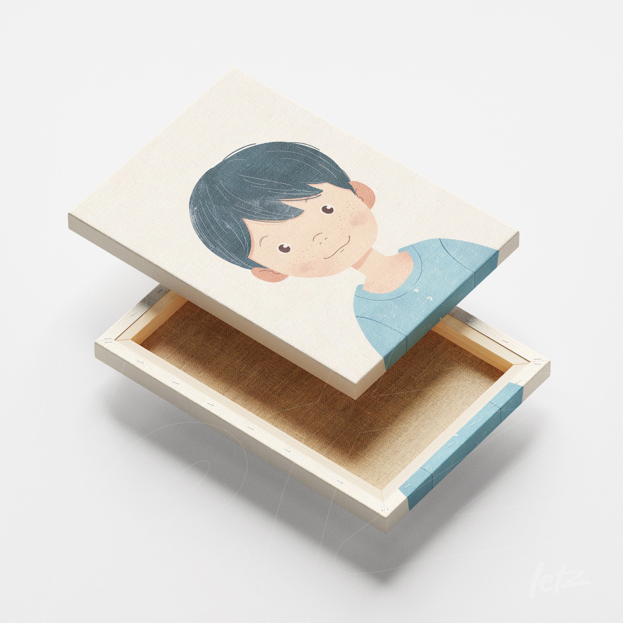 canvas print featuring an illustration of a boy with dark hair and blue shirt, light wood frame