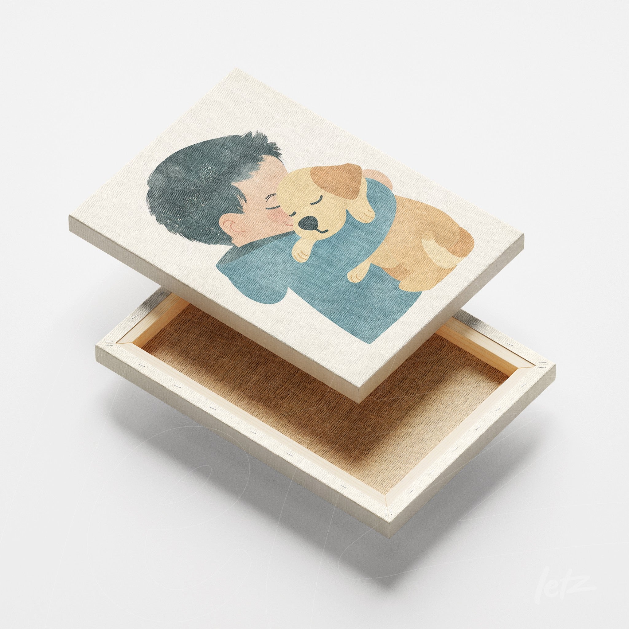 canvas print featuring a soft illustration of a boy holding a puppy in gentle colors