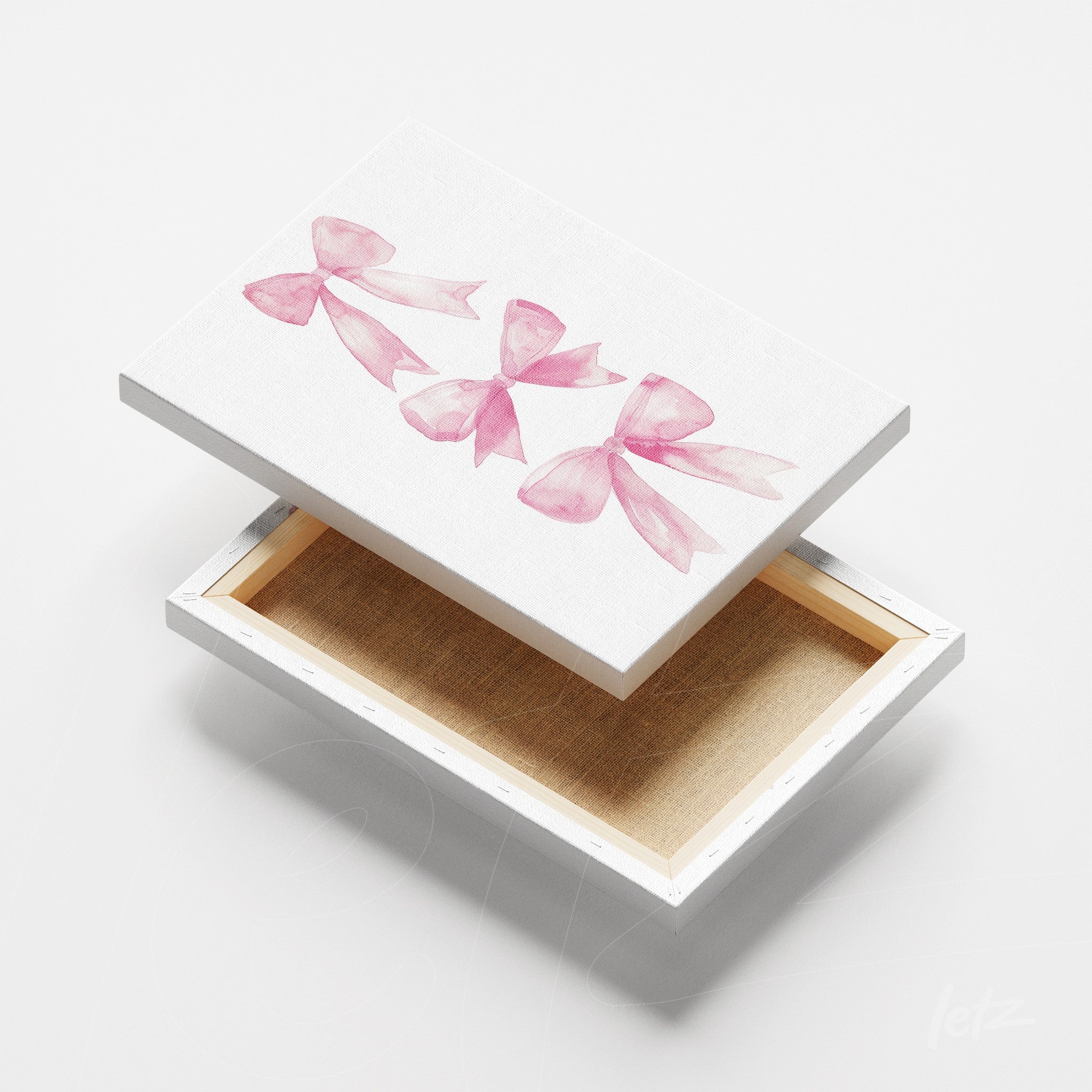 canvas art featuring watercolor illustration of pink bows on white background