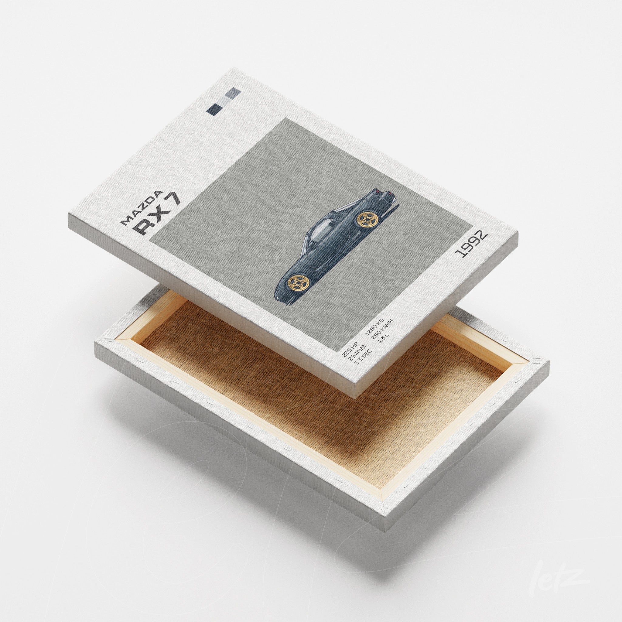 canvas print featuring vintage illustration of Mazda RX7 on light gray background