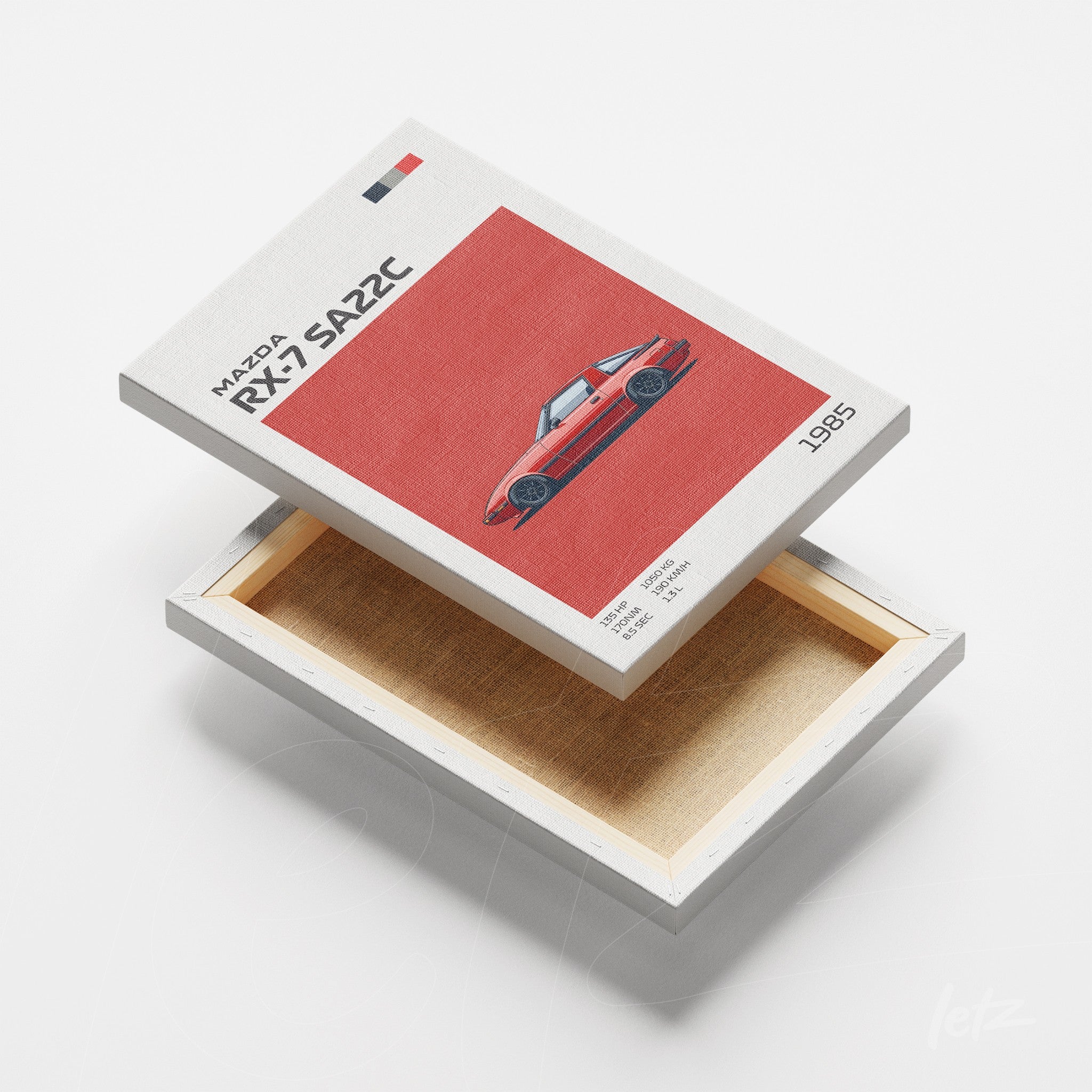 digital artwork of Mazda RX-7 SA22C car on a red background with white frame