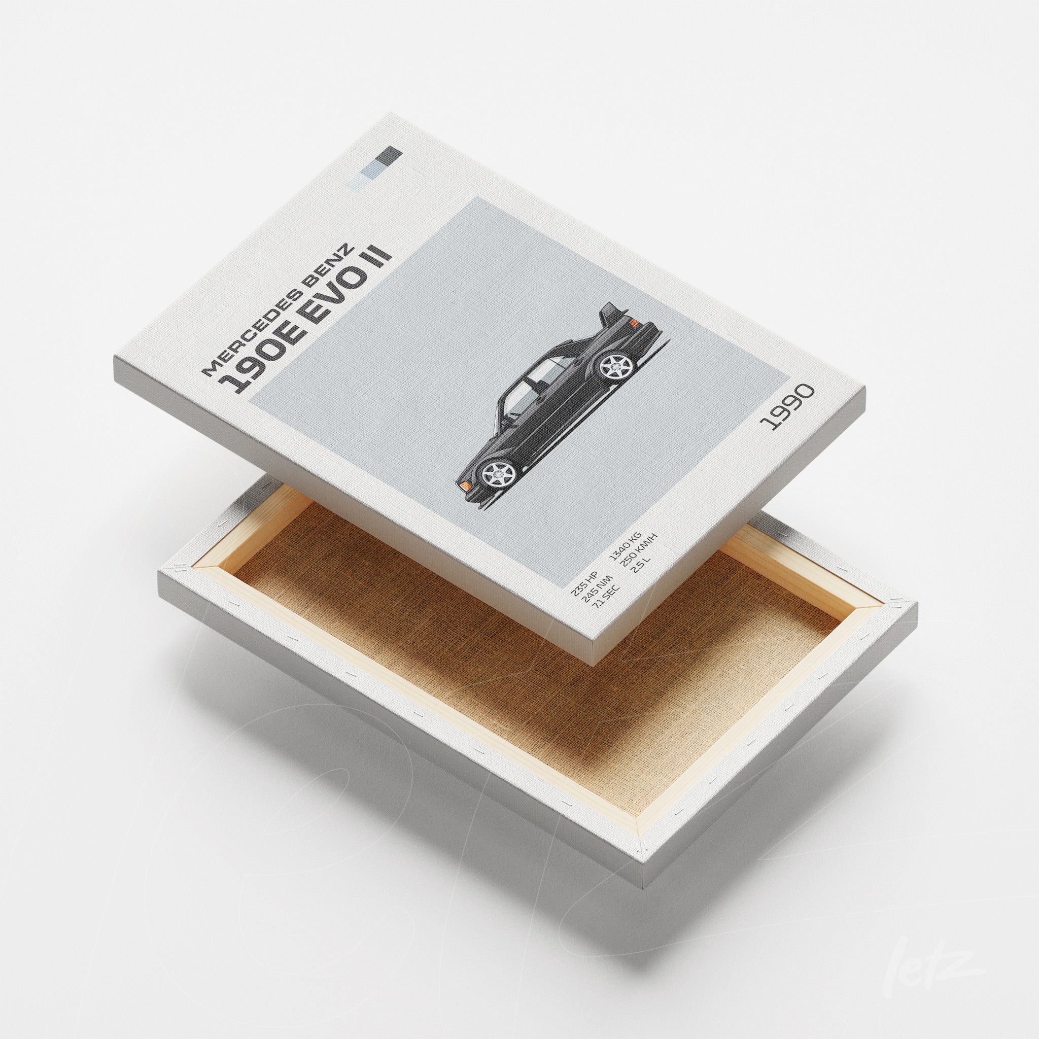 canvas wall art featuring a minimalist illustration of a Mercedes Benz 190E EVO II