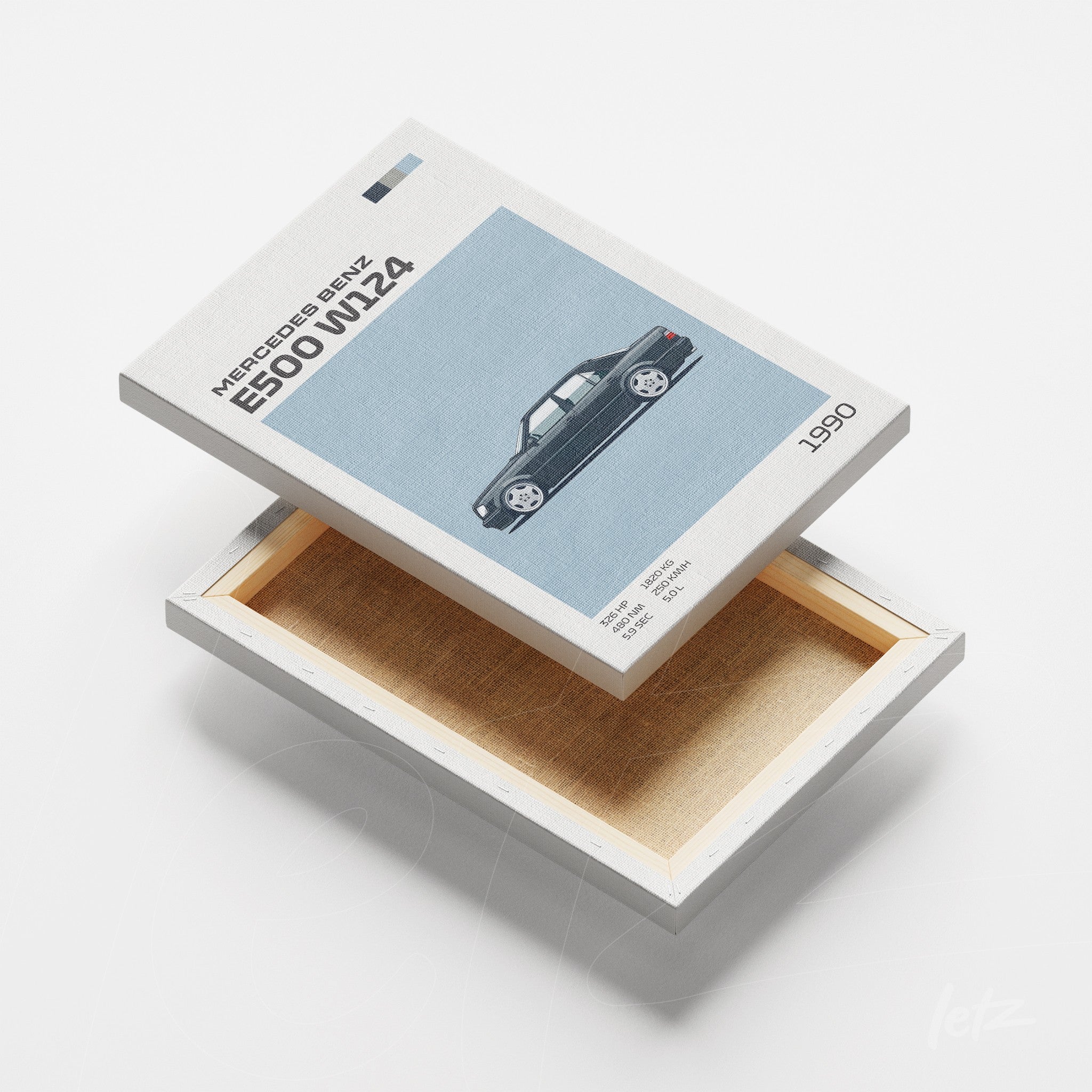 canvas art featuring a minimalist illustration of a Mercedes-Benz E500 W24 with a textured and plain background