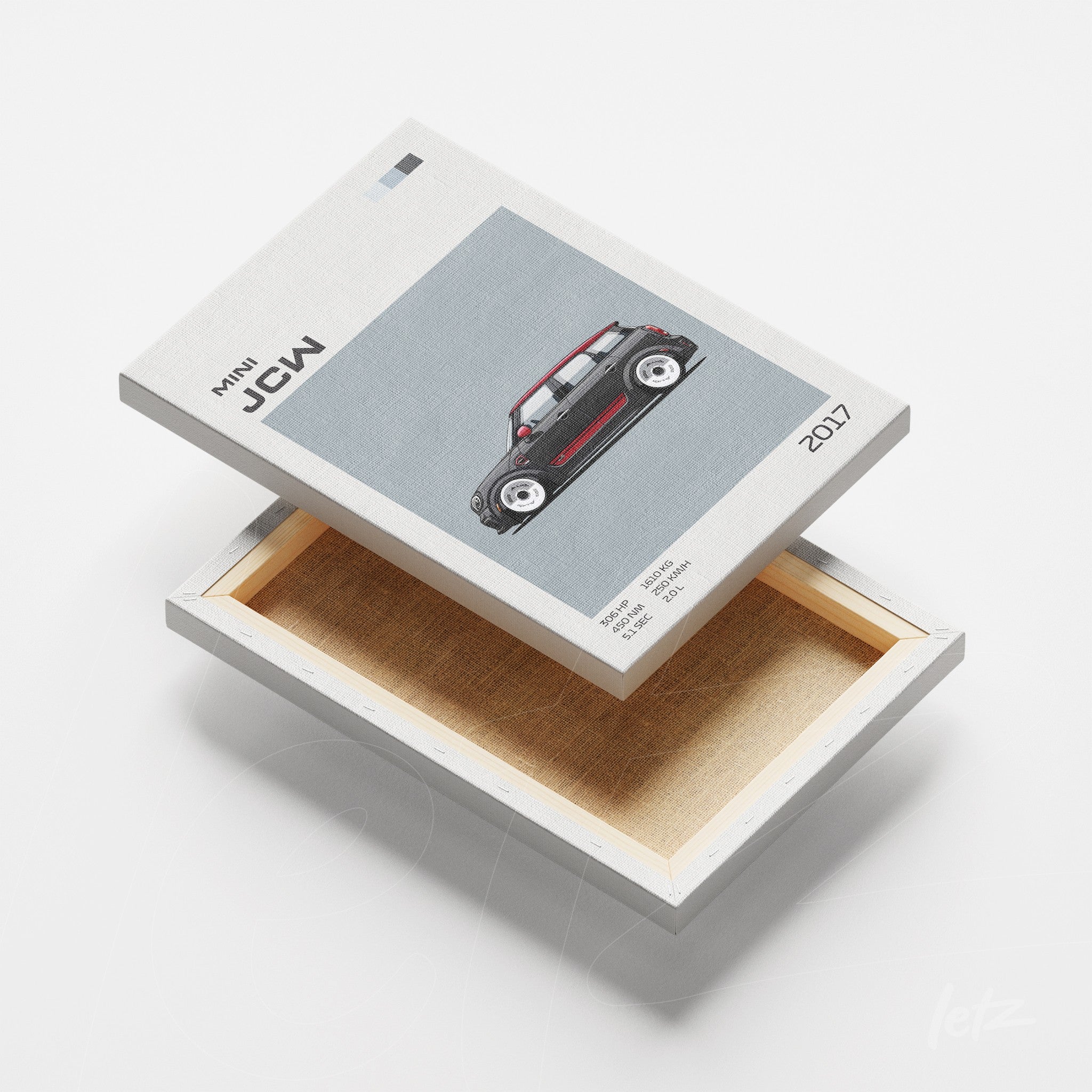 canvas print featuring illustration of the Mini JCW 2017 car with a light gray background