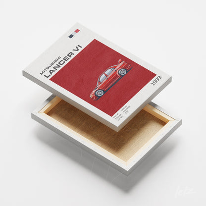 canvas print featuring a minimalist illustration of Mitsubishi Lancer VI against a red background
