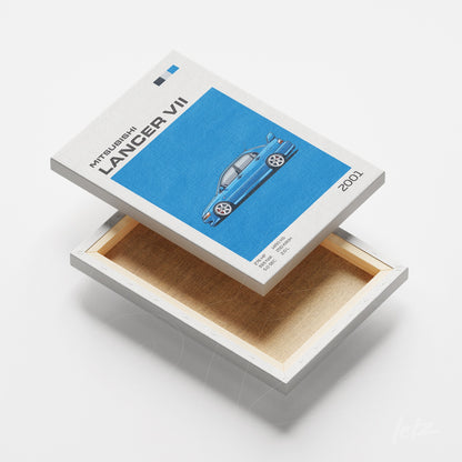 canvas print featuring a stylized illustration of the blue Mitsubishi Lancer VII on a blue background