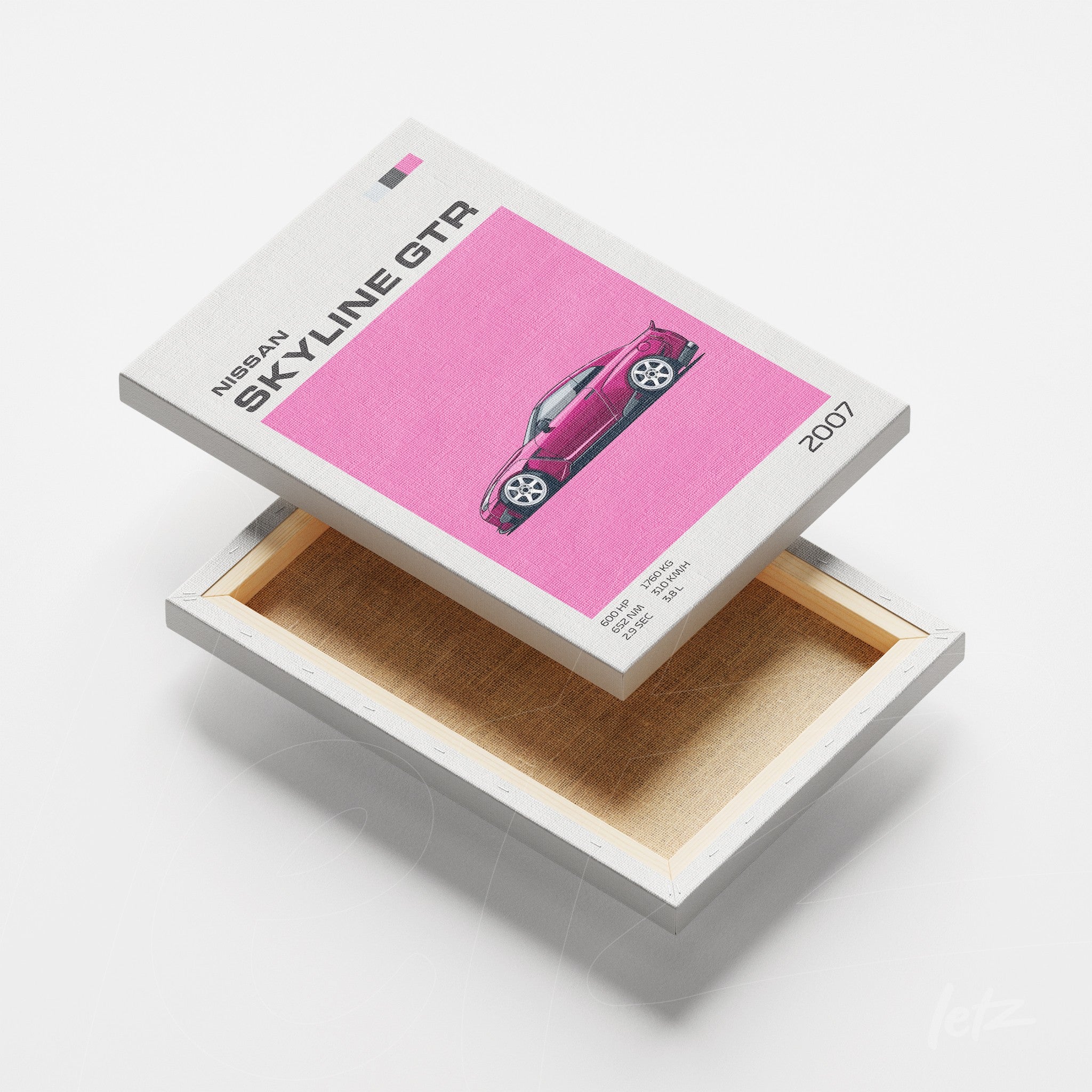 canvas artwork featuring a 2007 Nissan Skyline GTR on a pink background