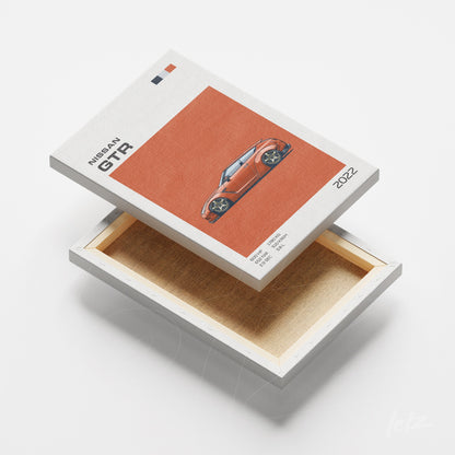 canvas print of sporty Nissan GTR 2022 with orange background and white frame
