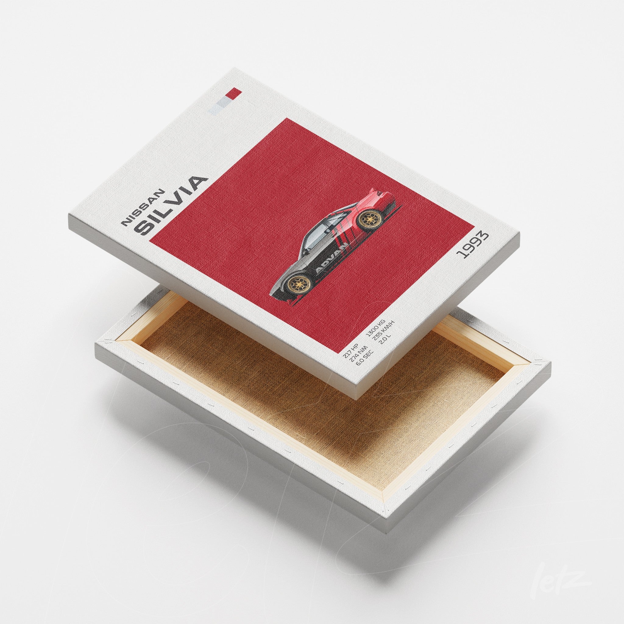 canvas art featuring the Nissan Silvia with a minimalist design on a red background and white frame