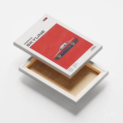 canvas art featuring the 1981 Nissan Skyline car illustration on a red background with a white frame