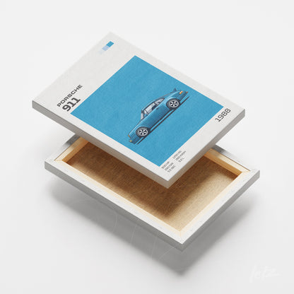 canvas print featuring a stylish illustration of a 1988 Porsche 911 on a light blue background