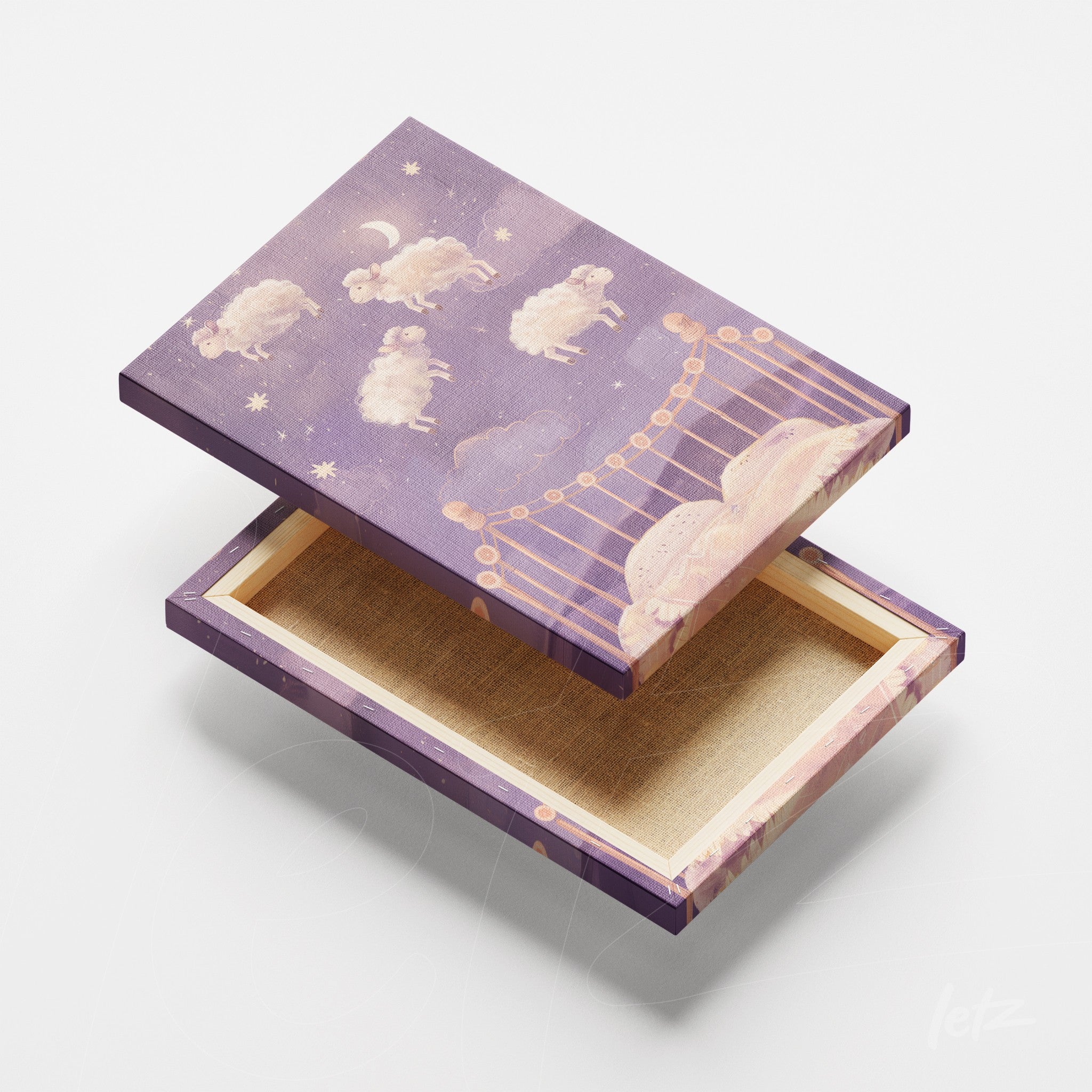 decorative box featuring an illustration of sheep against a purple background with stars, with a smooth texture finish