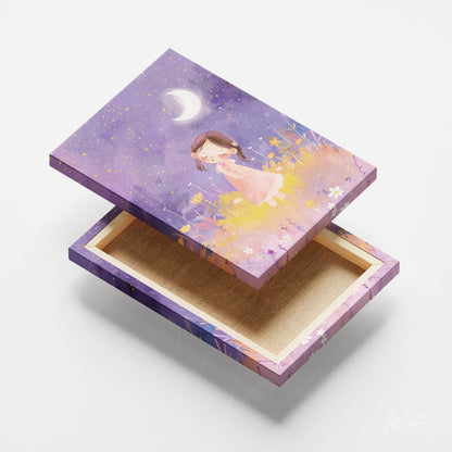 decorative box featuring an illustration of a girl in a flower field under the moon, purple background