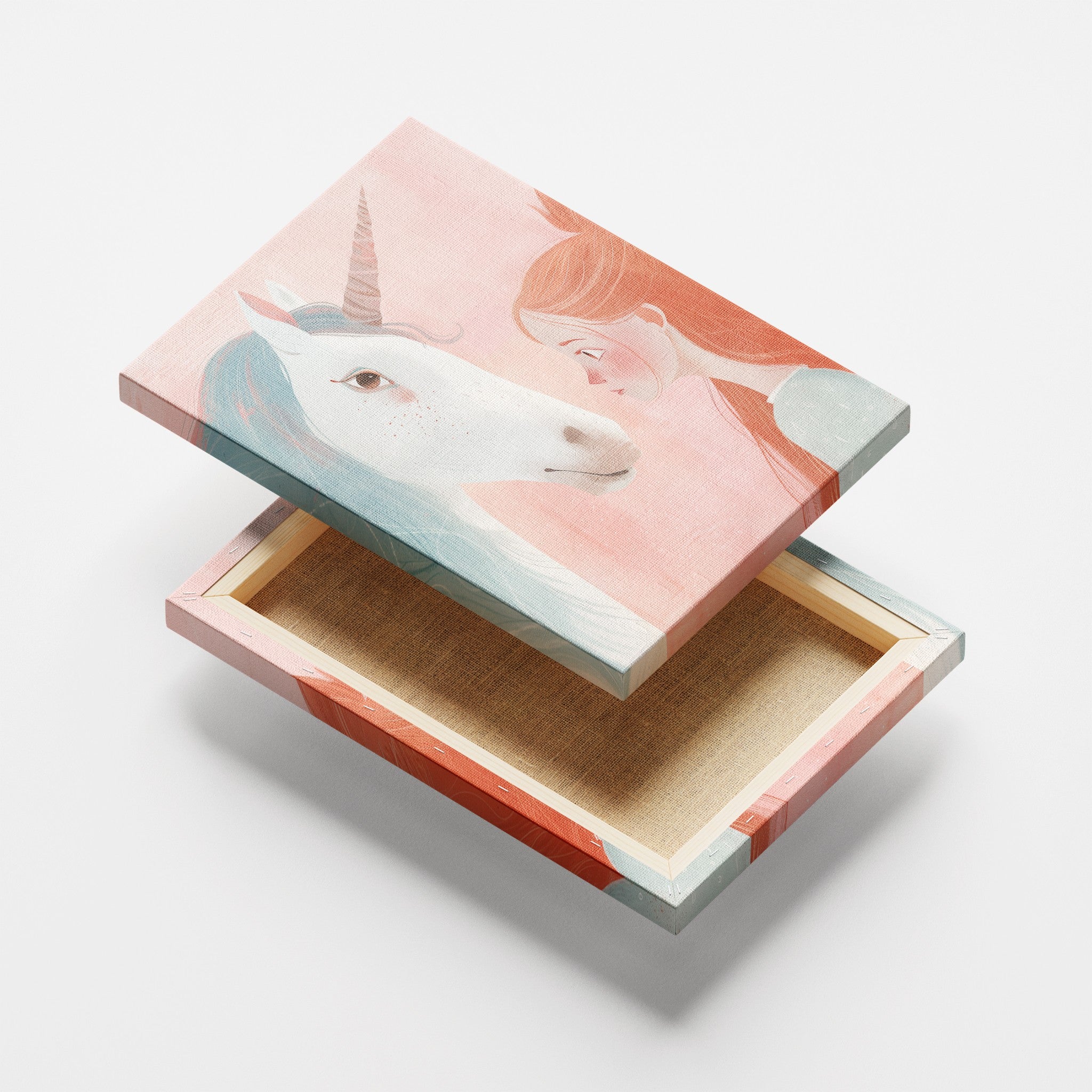 decorative box featuring pastel illustration of a unicorn and girl