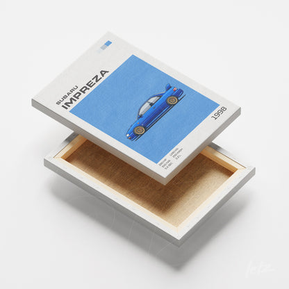 canvas print featuring an illustration of a blue 1998 Subaru Impreza on a textured background