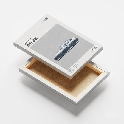canvas print featuring a minimalist illustration of the Toyota AE86 car in gray tones with a white frame