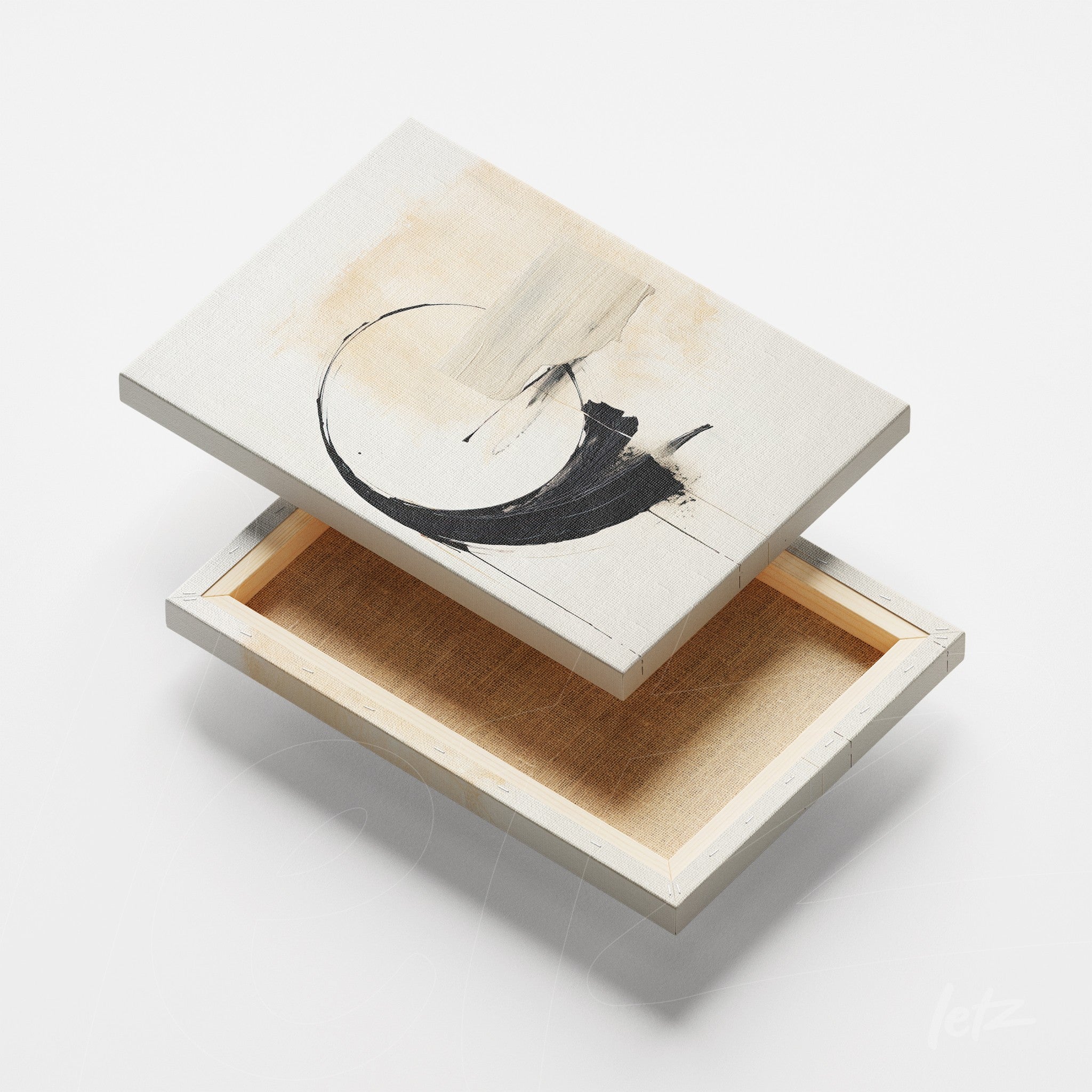 canvas featuring abstract art in neutral tones with curved shapes and black strokes on a light background