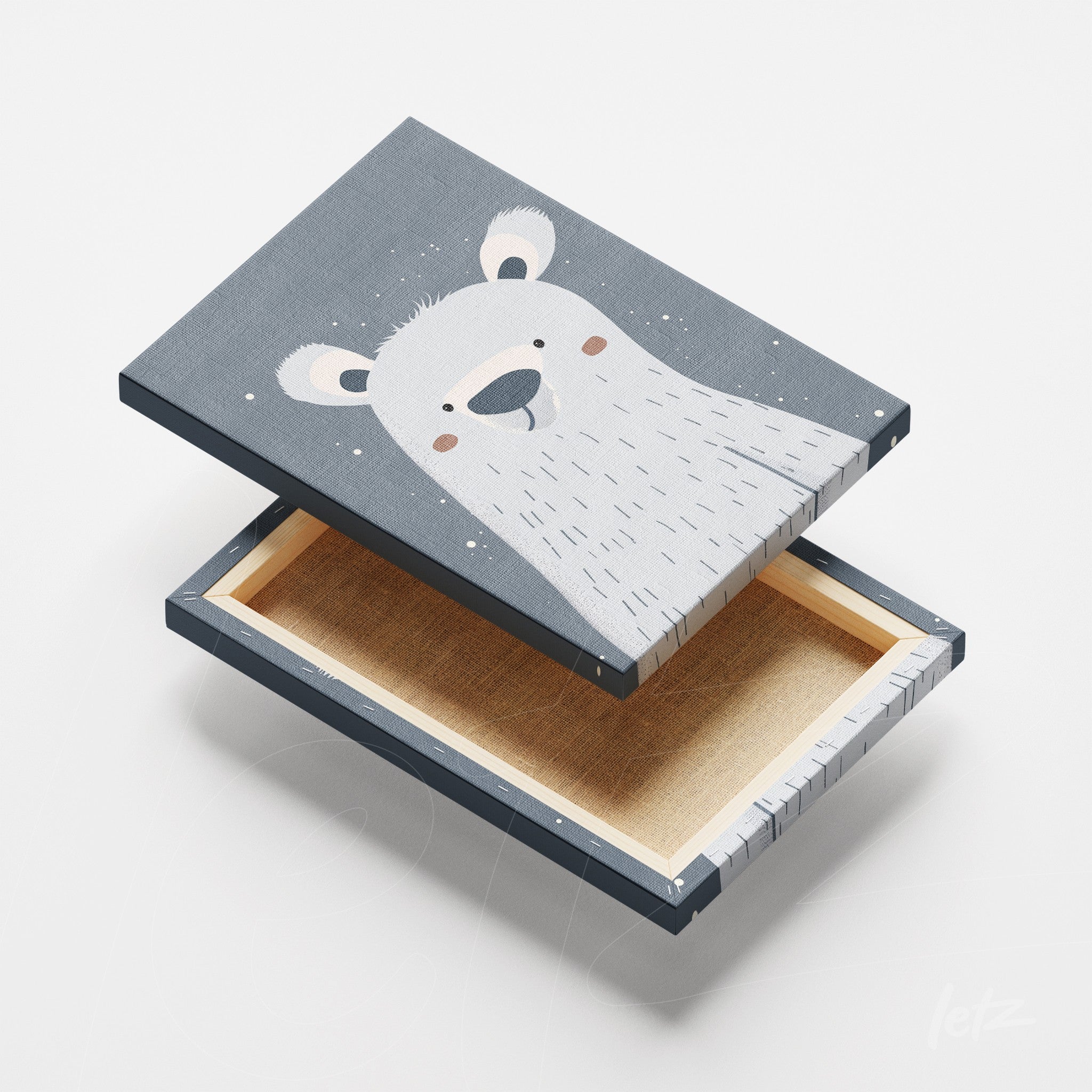 angled view of a canvas print featuring a polar bear illustration on a gray background