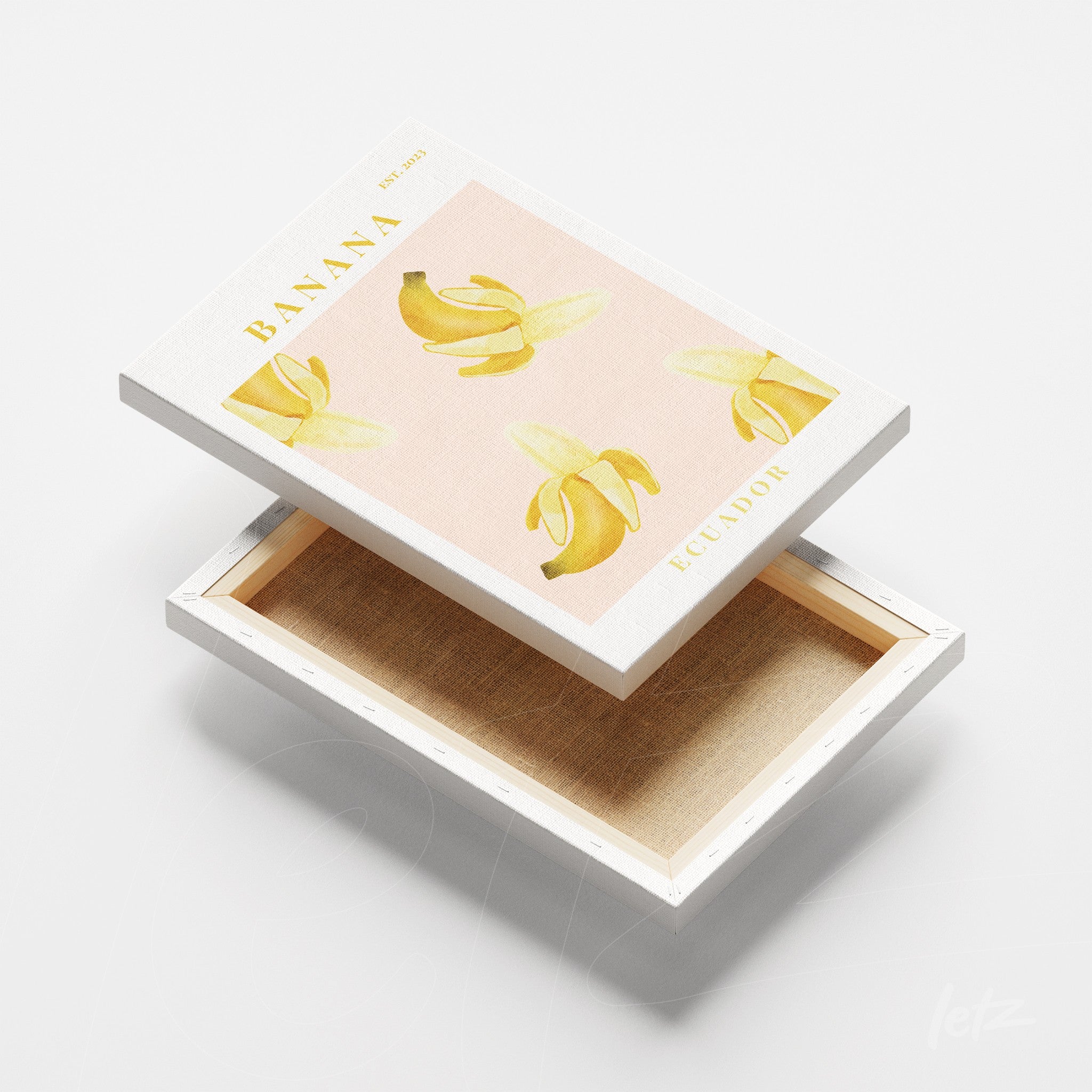canvas art featuring banana illustration on pink background with white frame