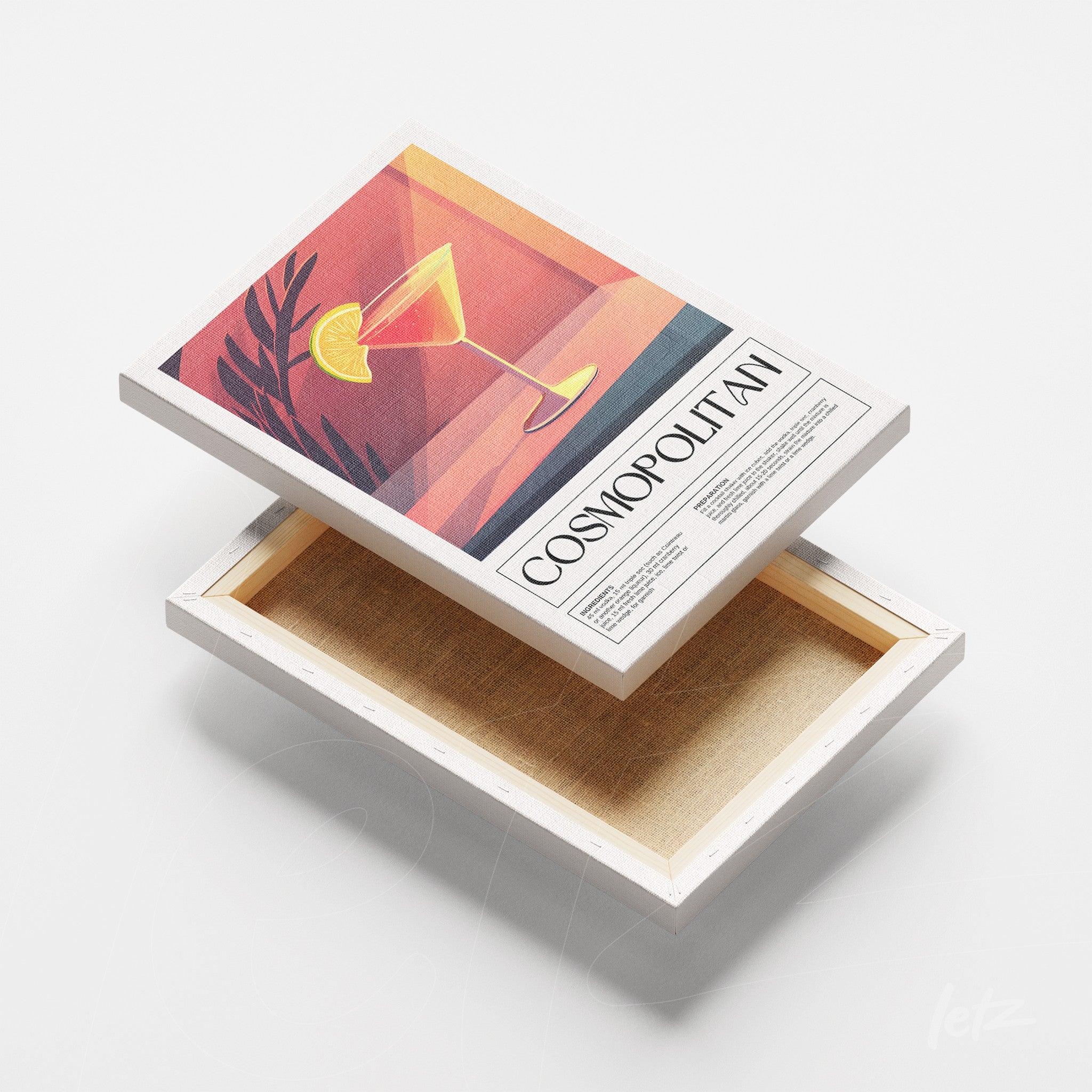 canvas print featuring vintage style art of cosmopolitan cocktail with warm color background