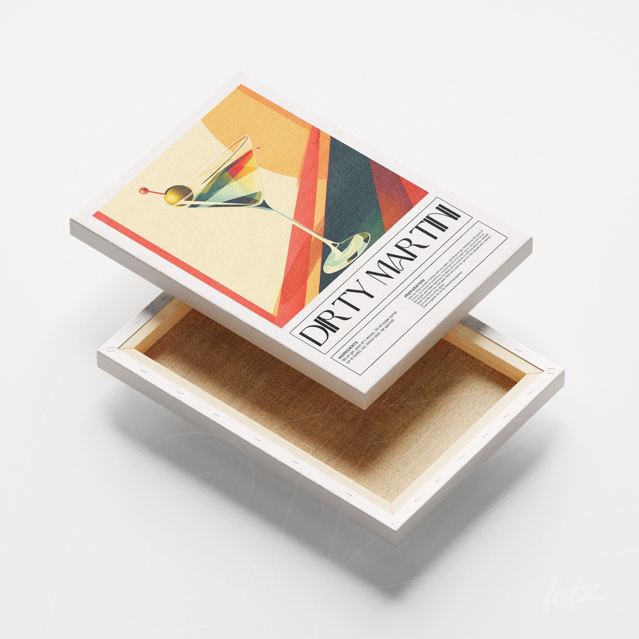 canvas print featuring vintage style illustration of dirty martini with red and yellow background