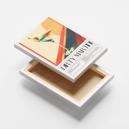 canvas print featuring vintage style illustration of dirty martini with red and yellow background