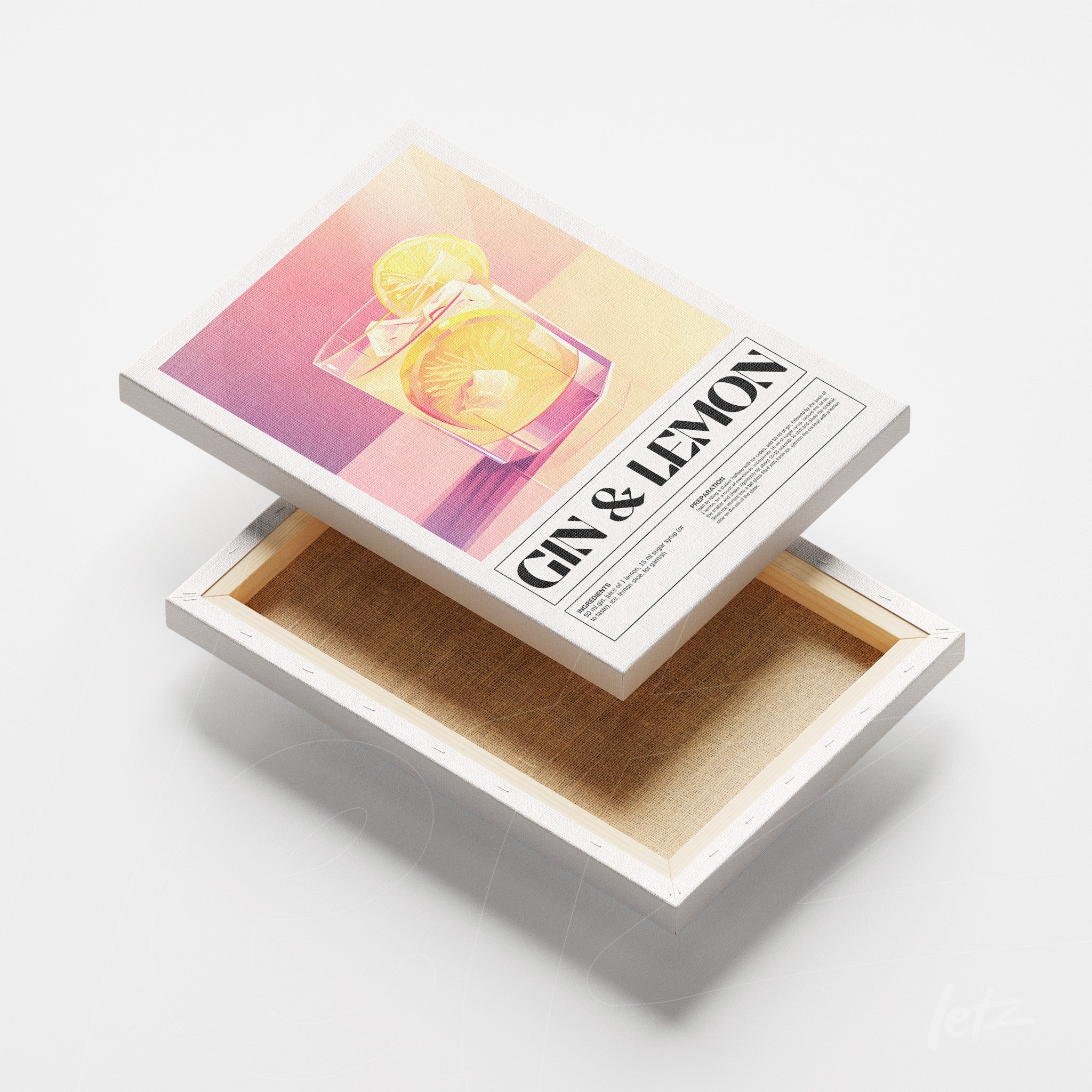 canvas print featuring retro style illustration of gin and lemon drink with pastel gradient background