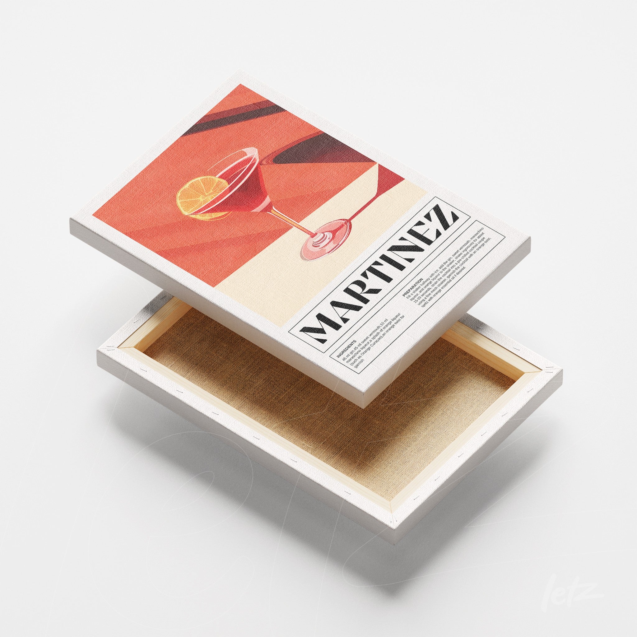 canvas print featuring retro art of martinez cocktail with a red color background and minimalist composition