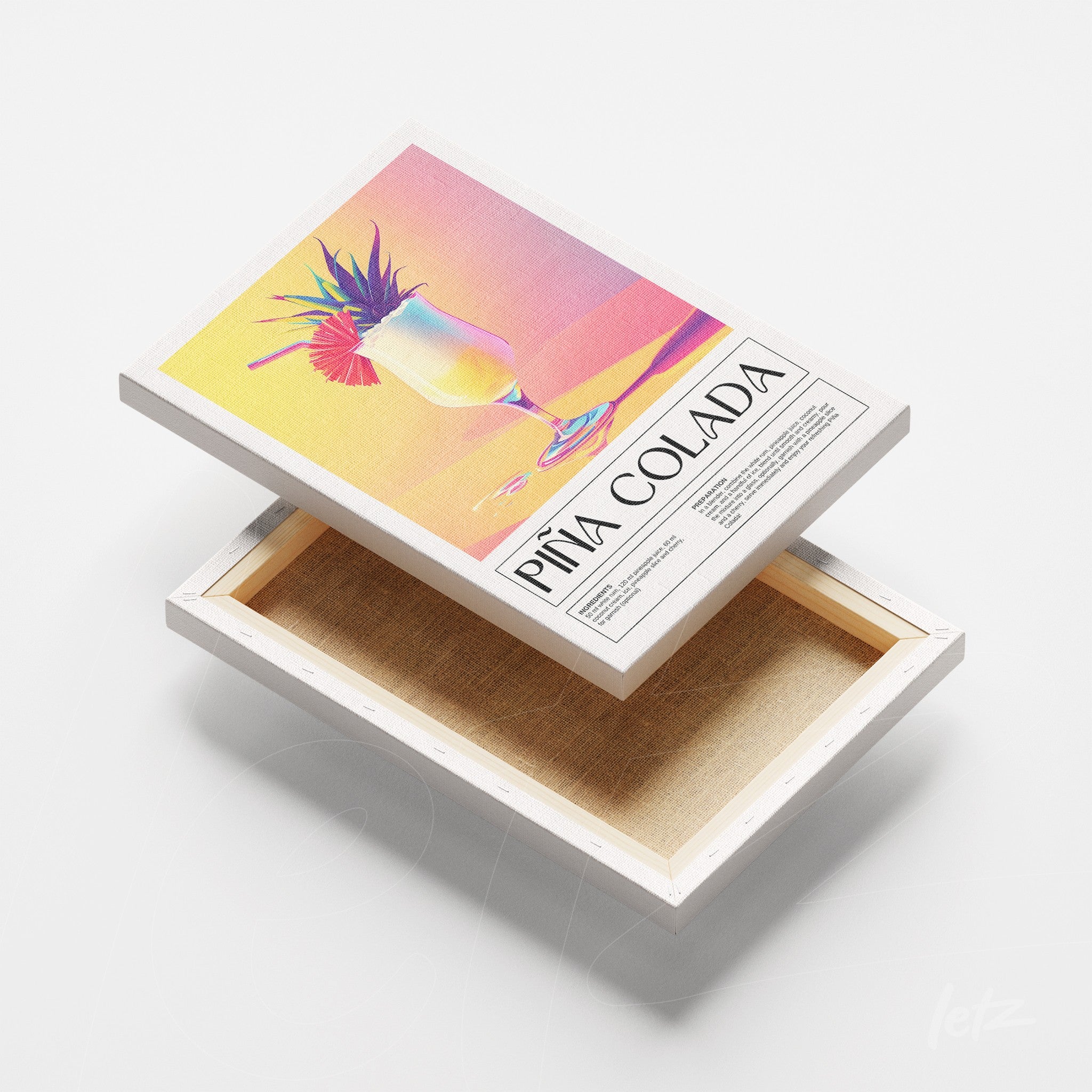 canvas print featuring retro style illustration of piña colada in vibrant colors with gradient background