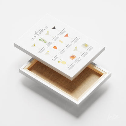 canvas wall art featuring cocktails illustrated on white background with natural wood finish