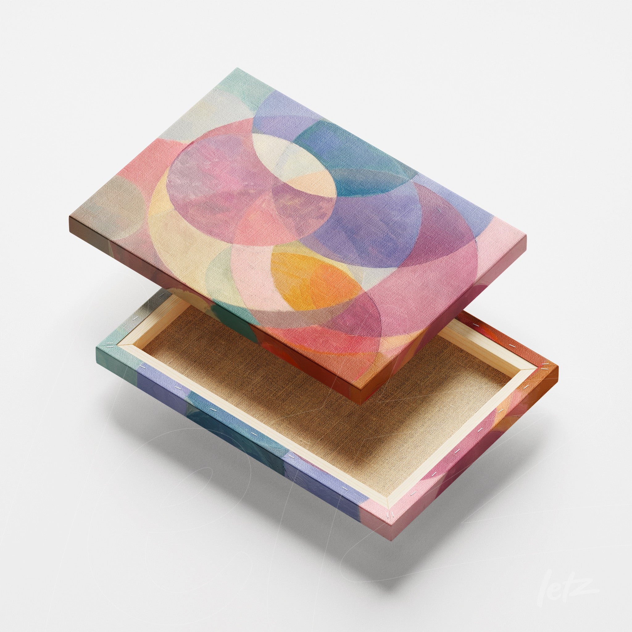 abstract art canvas featuring pastel colored circles with a colorful frame