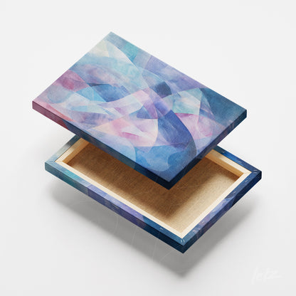 canvas art featuring abstract design in shades of blue and pink with soft geometric shapes