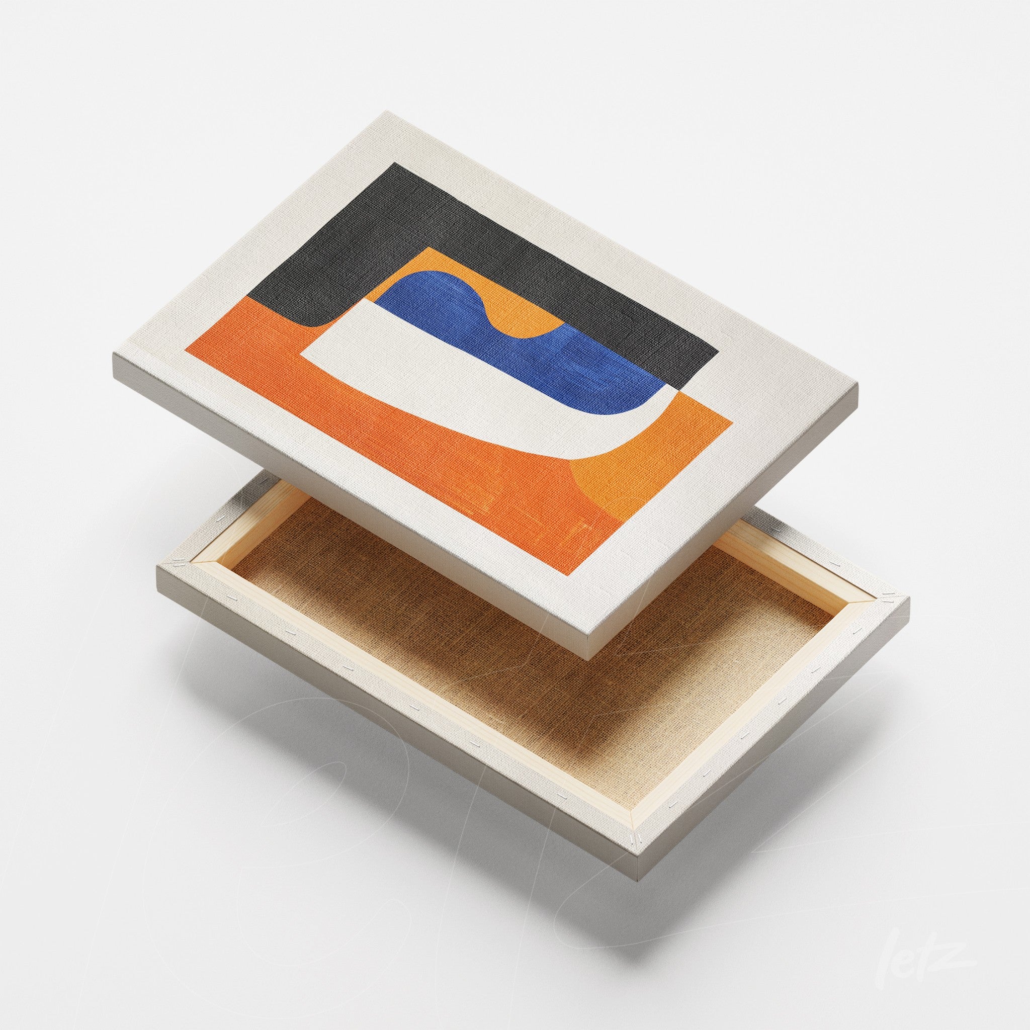 canvas art featuring abstract design in shades of blue, orange, and black displayed at an angle against a neutral background