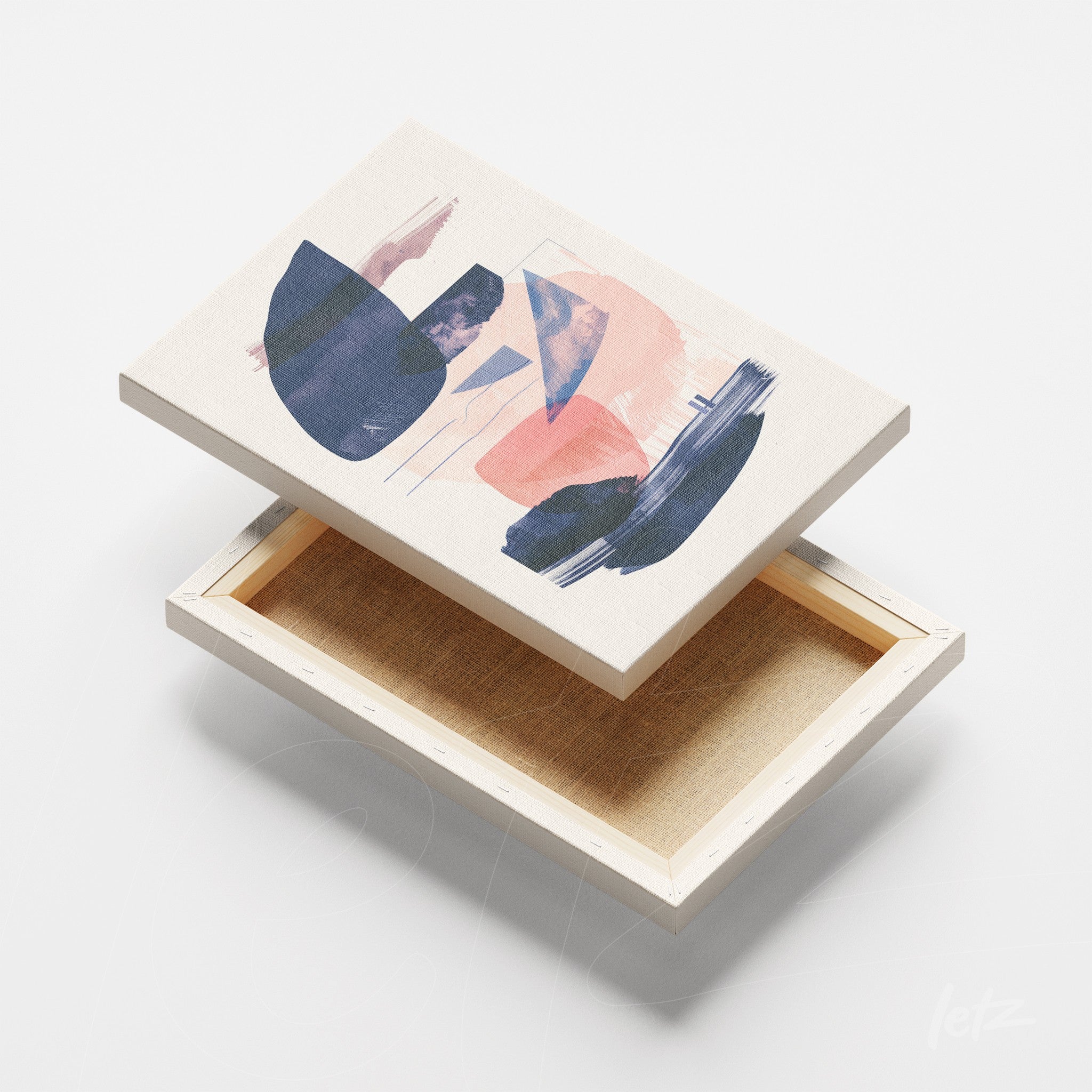 canvas print with abstract art in blue and peach tones on a light background