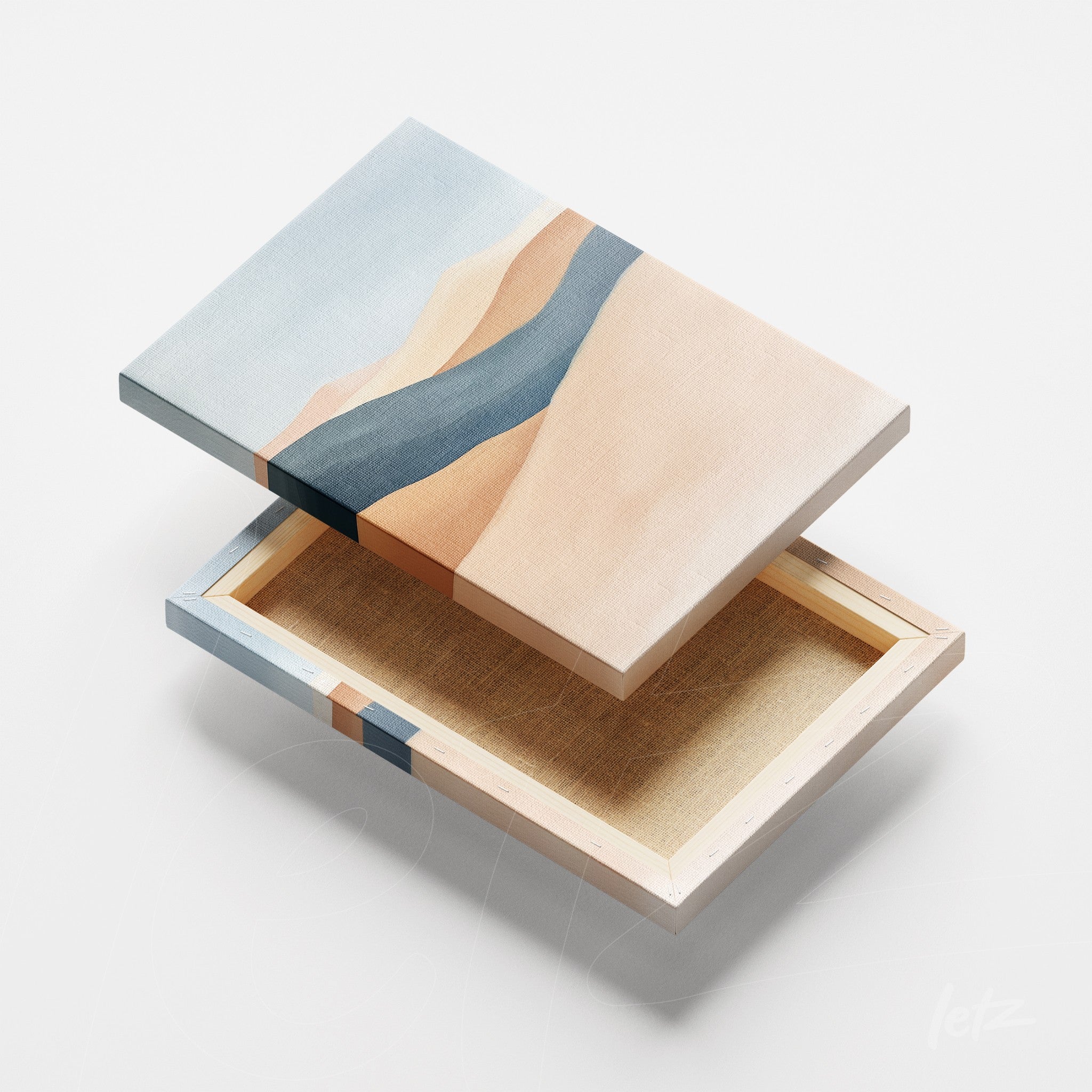 canvas art featuring abstract design in shades of beige and blue, depicting soft mountain shapes and a river