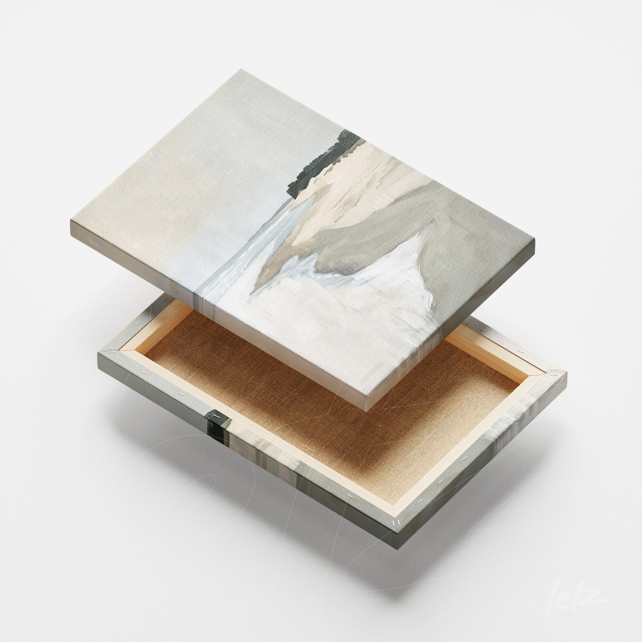 canvas artwork featuring a seaside landscape with gentle waves and light-colored frame