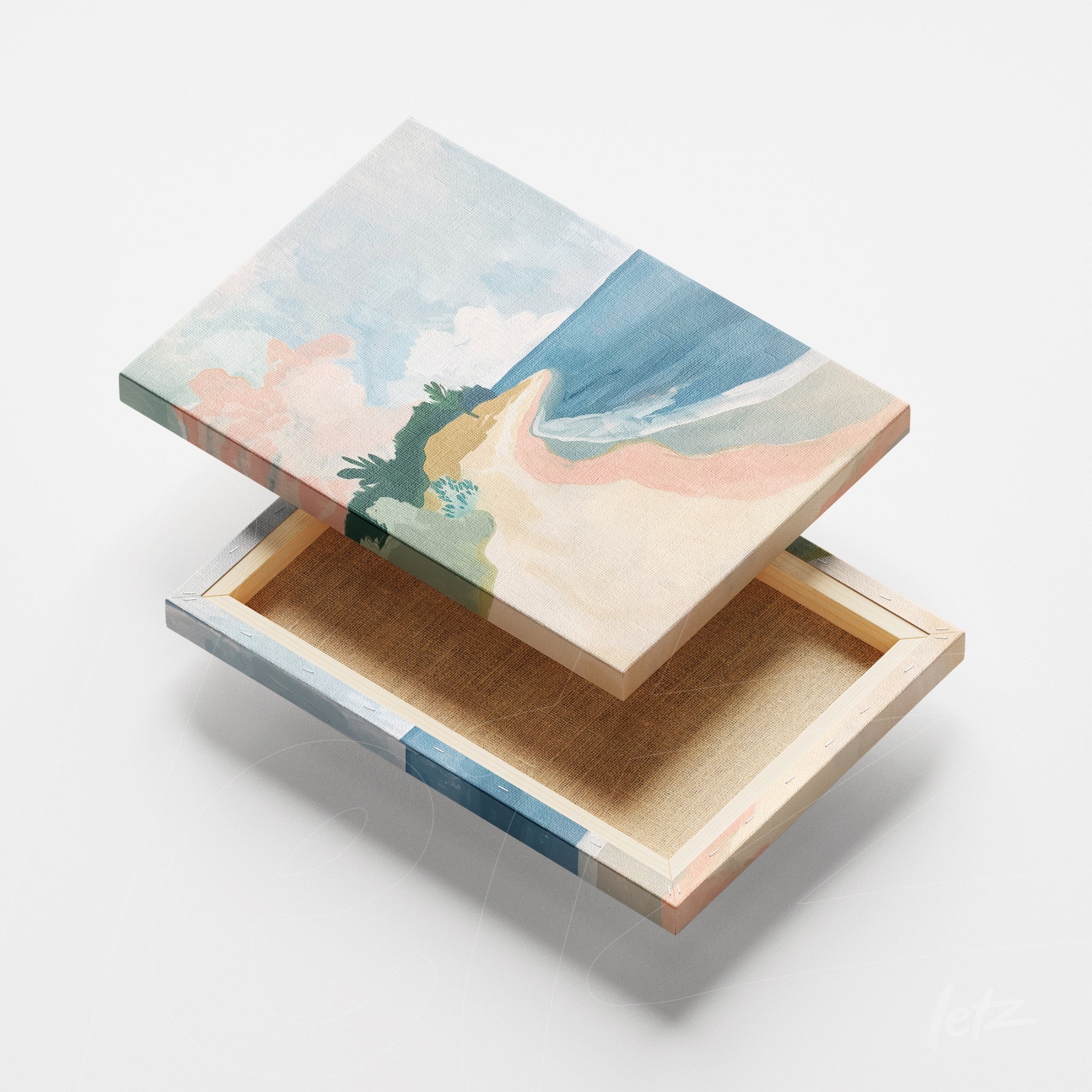 canvas artwork featuring a coastal landscape with blue sea and light sand in a hand-painted style