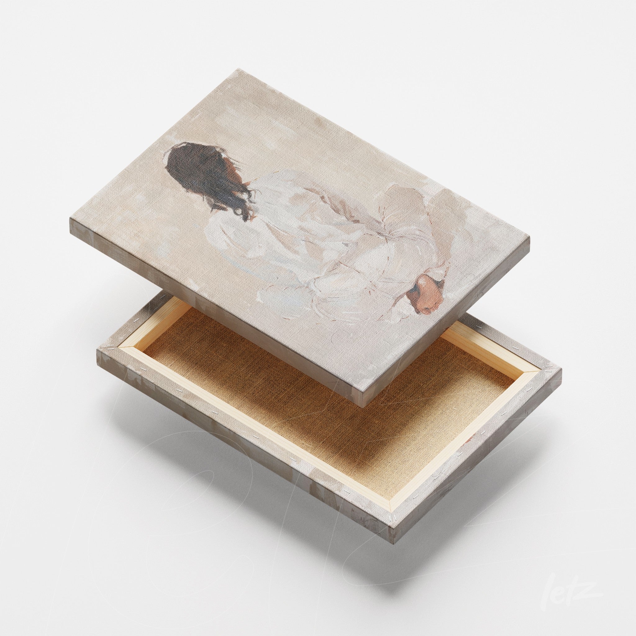 decorative box featuring art of a seated female figure with light gray frame