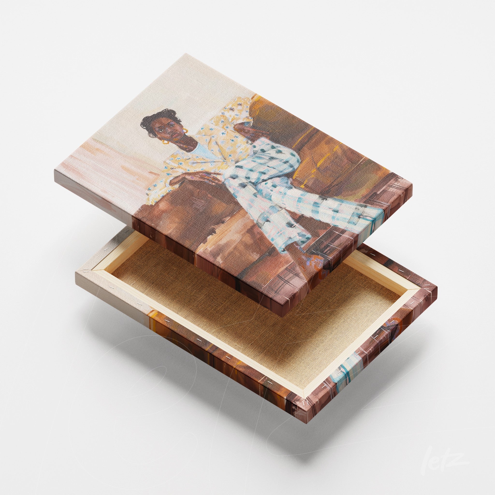 canvas print featuring a portrait of a person seated on a sofa, displaying a frame with warm-toned details