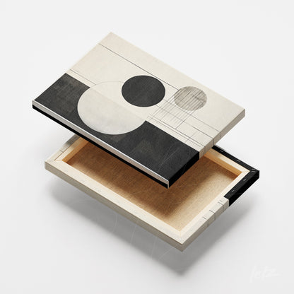 canvas print featuring abstract art in neutral tones with geometric shapes, including circles and black lines on a light background