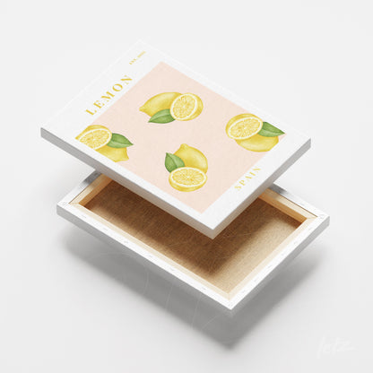 canvas artwork featuring yellow lemons on light pink background with white frame